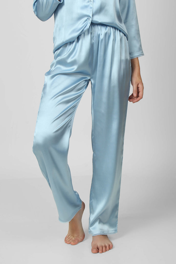 Light blue satin Dani pyjama suit with long sleeves and pants.